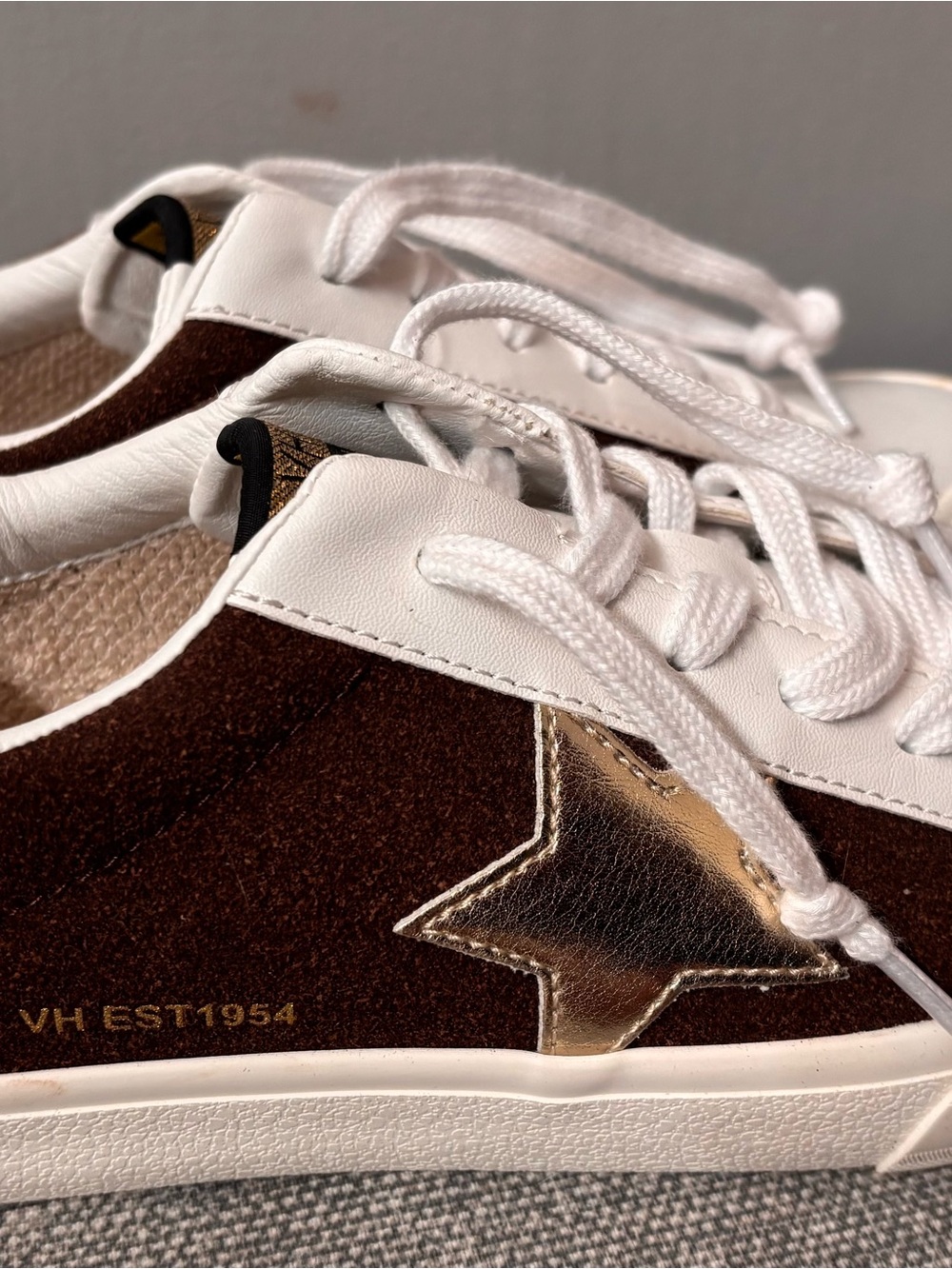 Vintage Havana Brown Suede Sneakers with White and Gold Star